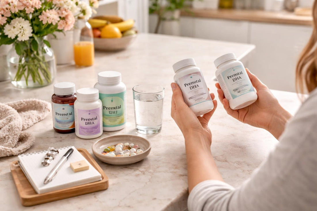 Canadian mom comparing prenatal supplements at home