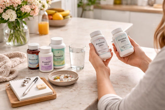 Canadian mom comparing prenatal supplements at home