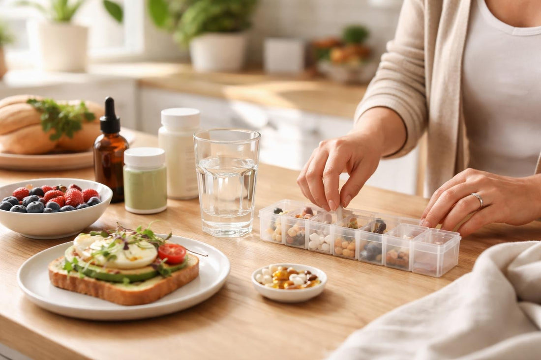 Mom organizing daily supplements with water and breakfast