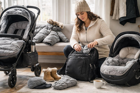 Mom packing winter gear with safe, fitted accessories