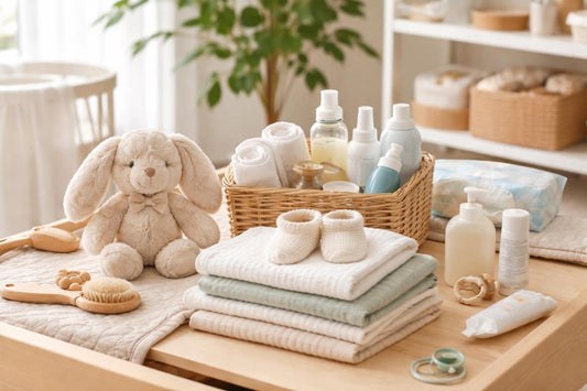 Newborn baby essentials laid out for safe daily care