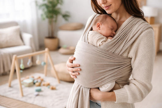 Parent wearing newborn in soft baby carrier indoors