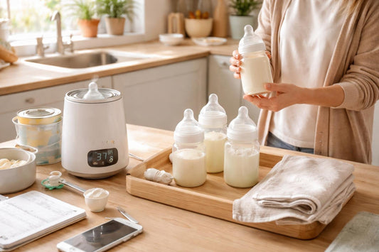 Parent preparing bottles for newborn feeding routine at home