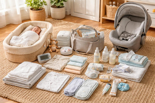 Newborn baby essentials laid out for week one