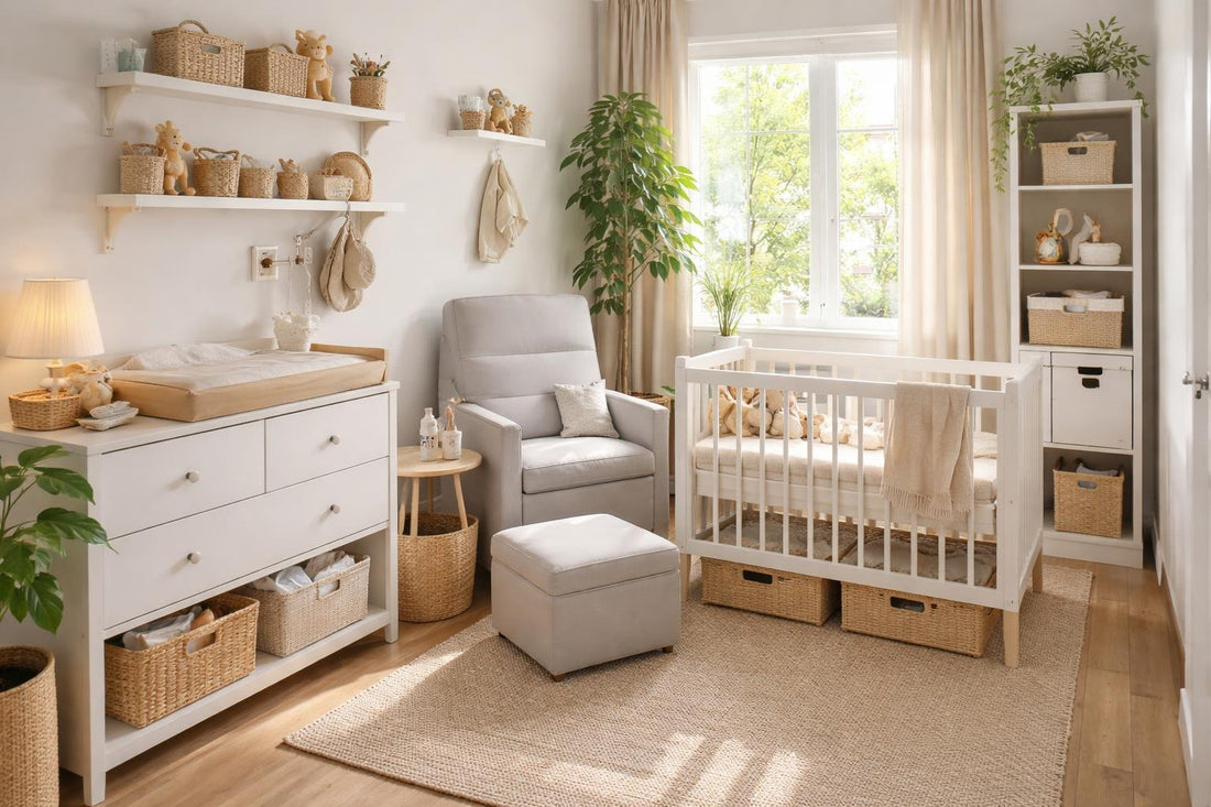 Small nursery furniture layout with storage solutions
