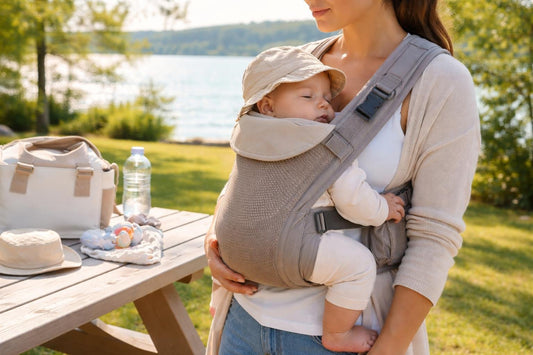 Parent wearing breathable baby carrier outdoors in Ontario