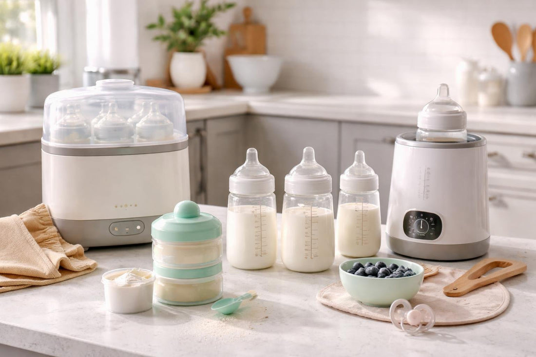 Bottle feeding and mealtime prep essentials on kitchen counter