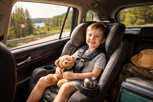 Child secured in car seat for Ontario road trip
