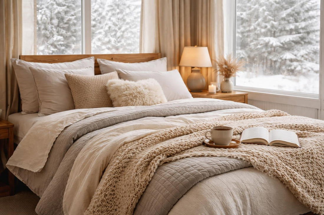 Cozy winter bedding layers on an Ontario bedroom bed