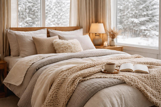 Cozy winter bedding layers on an Ontario bedroom bed