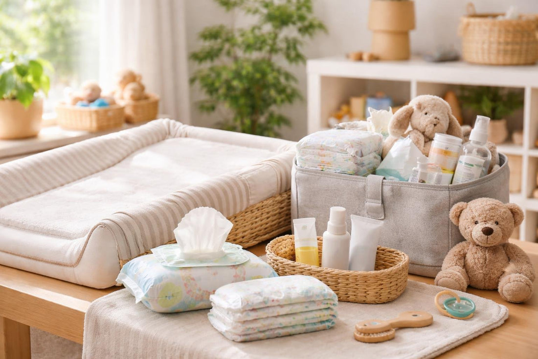 Diapering and changing essentials laid out for baby care