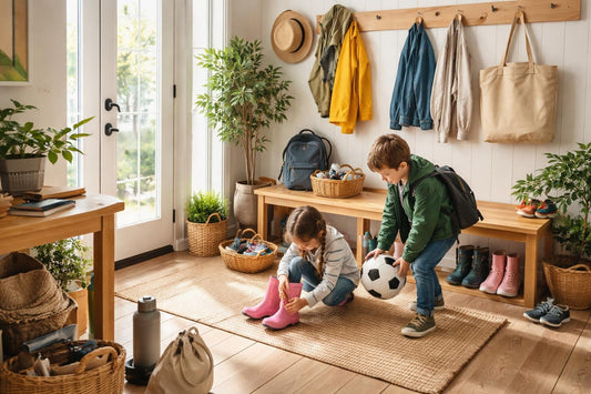 Ontario family home routines with kids in a busy entryway