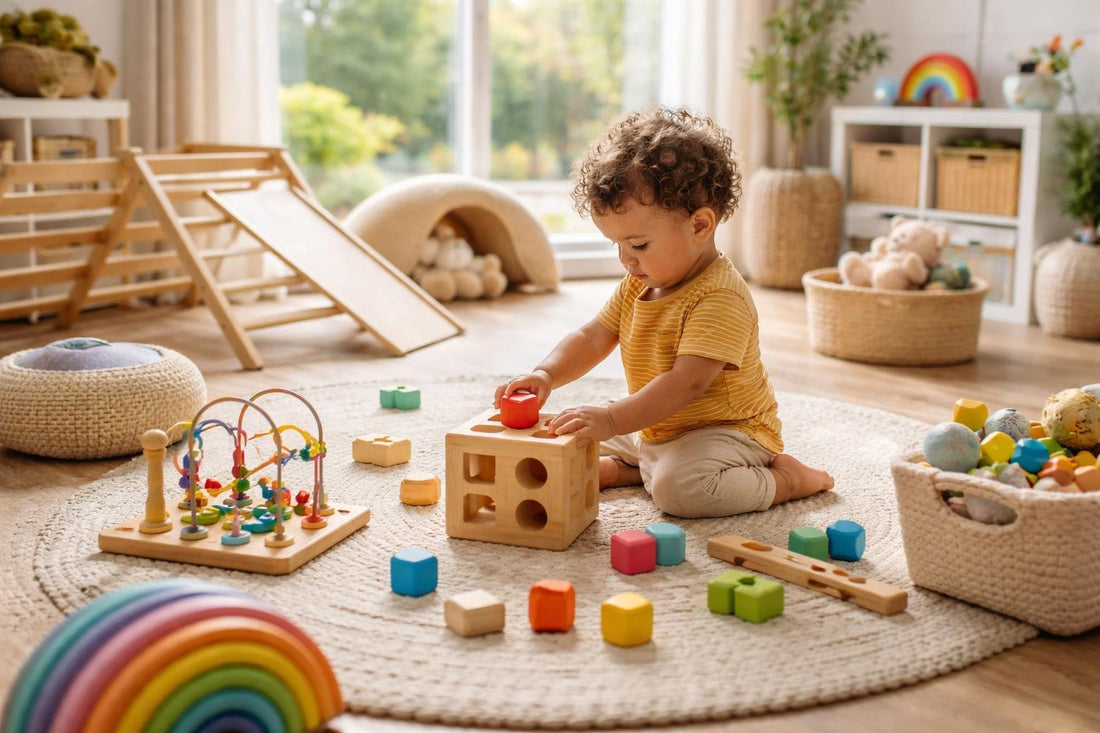 Toddler playing with development gear in an Ontario home