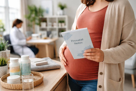 Pregnant person holding prenatal notes in an Ontario clinic