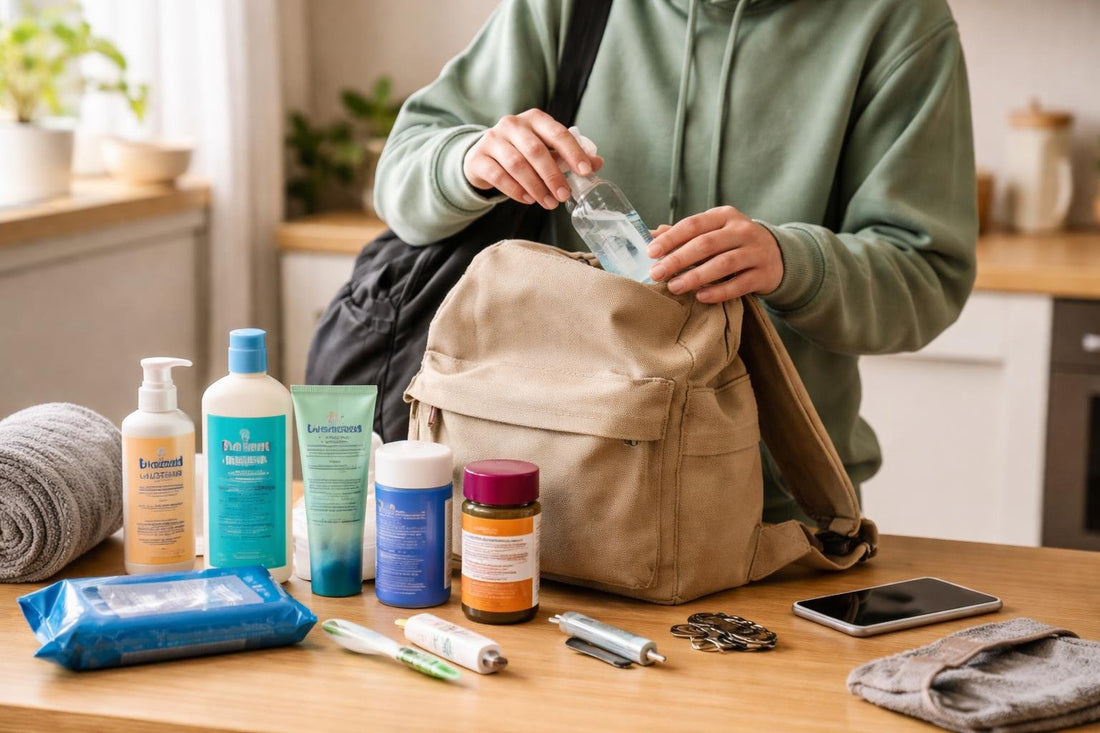 Student packing health and hygiene essentials