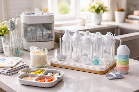 Organized bottle feeding station with drying rack and bottles