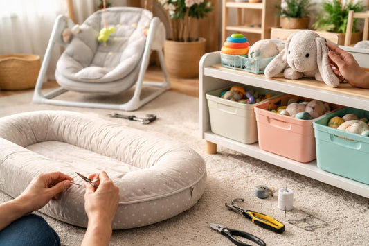 Parent repairing infant lounger and toy organizer