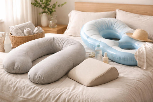 Pregnancy support pillows, breathable covers and pool float