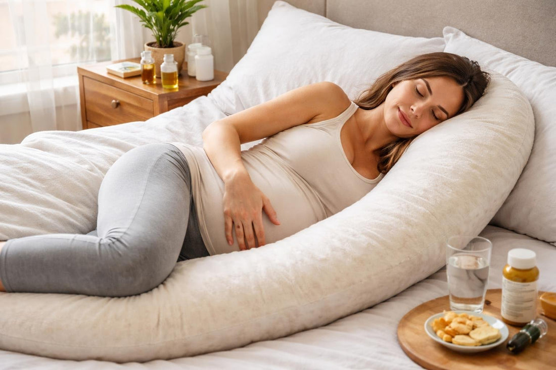 Pregnant woman using support pillow for comfort