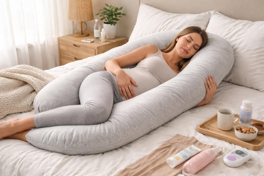 pregnant woman using full body maternity support pillow