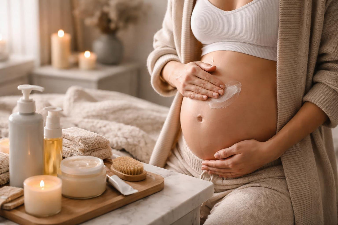 Pregnant person applying belly cream in cozy winter light