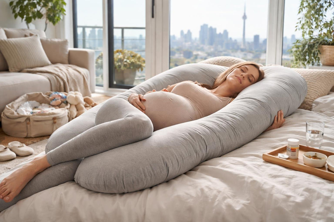 Pregnant person using full-body maternity pillow in Toronto apartment