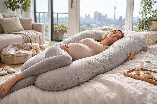 Pregnant person using full-body maternity pillow in Toronto apartment