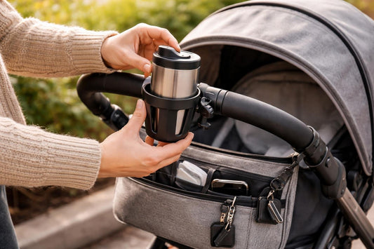 Parent installing stroller cup holder securely on handlebar