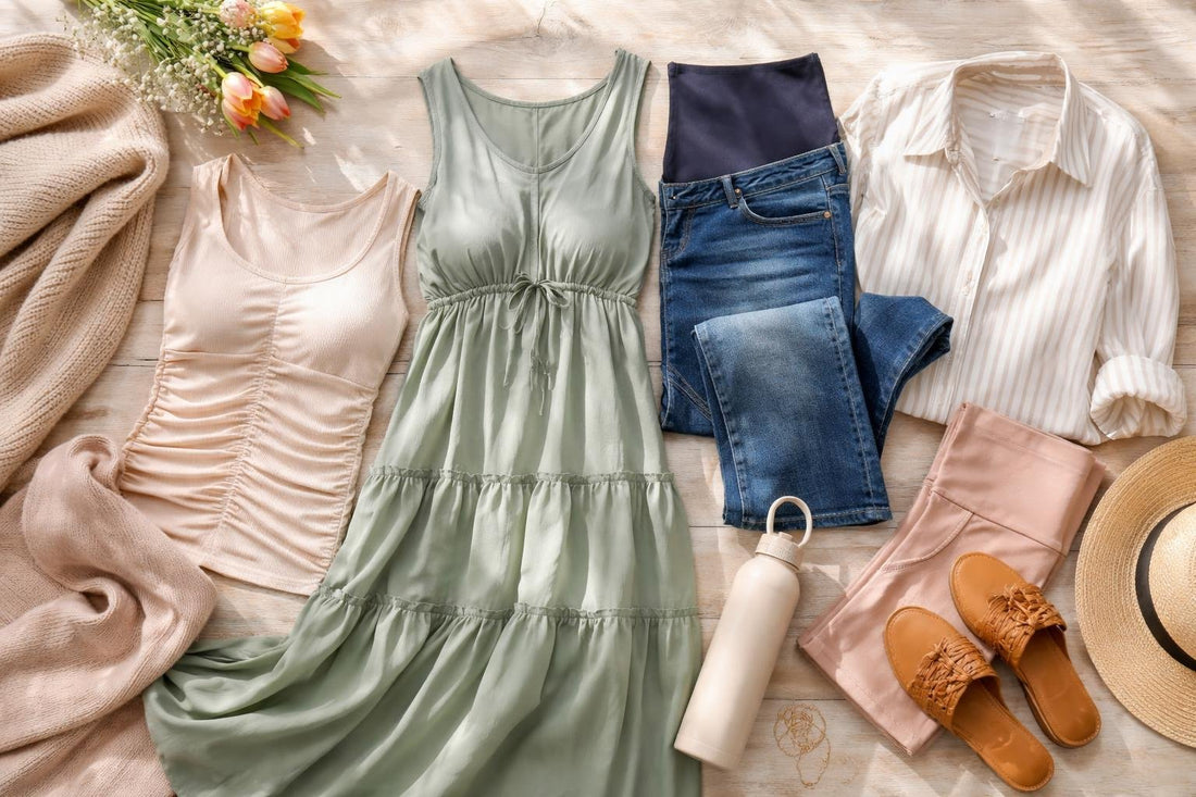 Seasonal maternity clothing essentials laid out for everyday wear