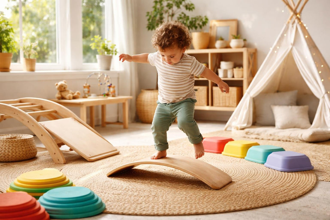 Child practising balance with indoor play development gear