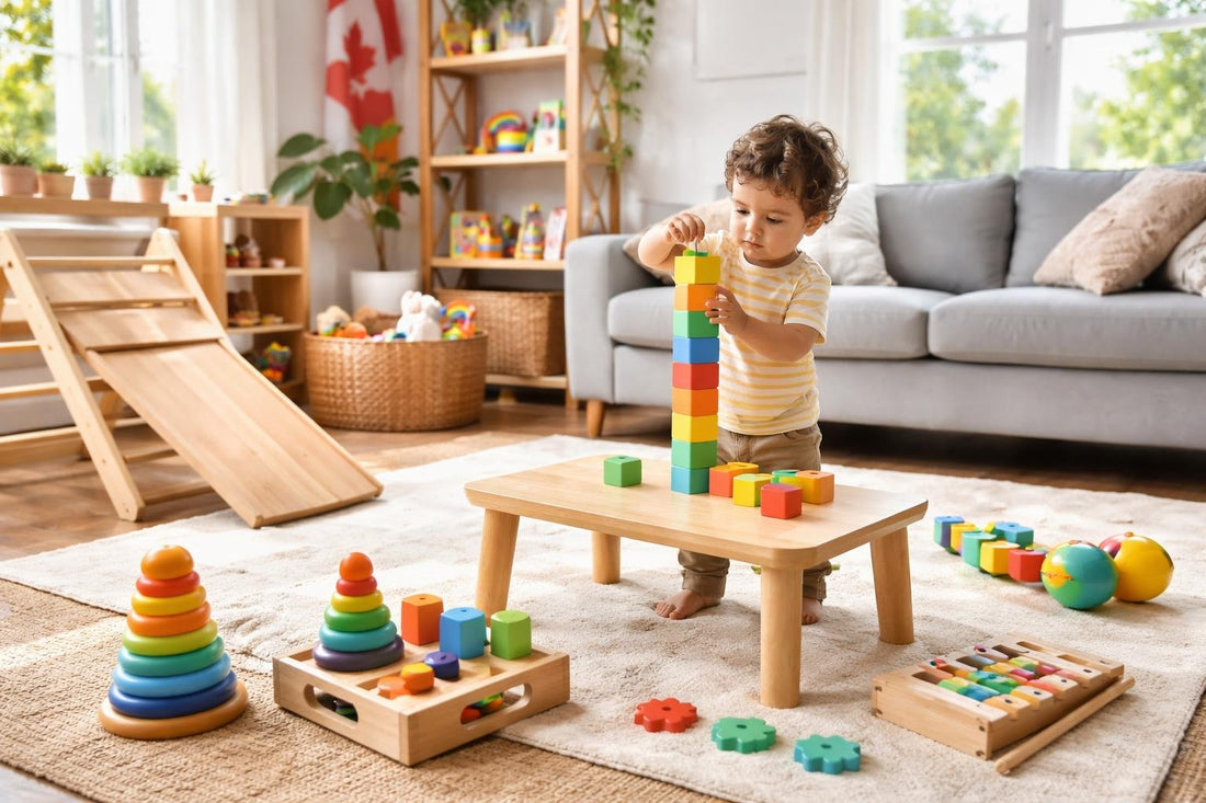 Child building skills with playtime development gear at home