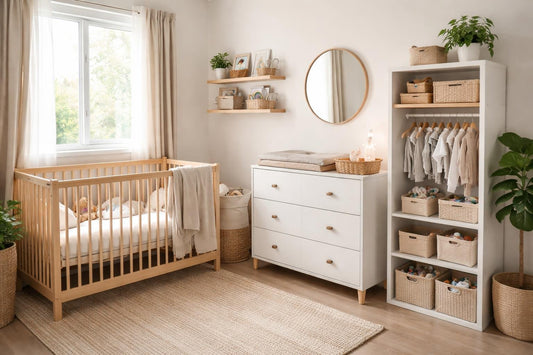 Small nursery with crib, dresser and vertical storage