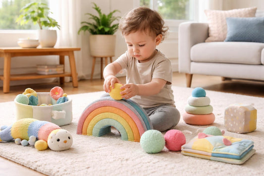 toddler playing with soft sensory toys in Ontario home