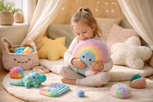 Child holding soft sensory toy in a cozy calm corner