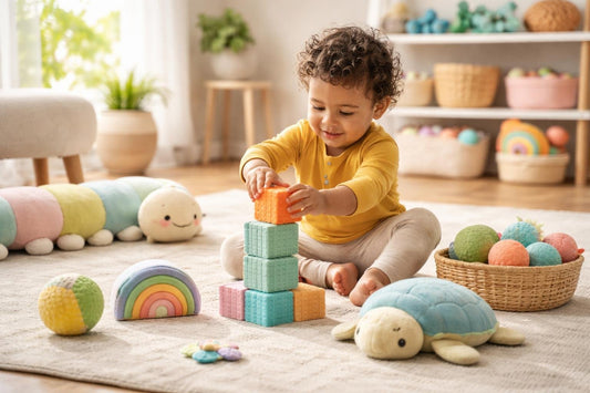 Toronto child playing with soft sensory toys on floor
