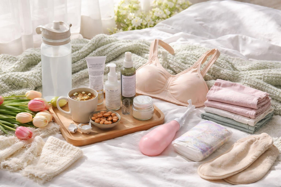 Spring postpartum care essentials arranged for new moms