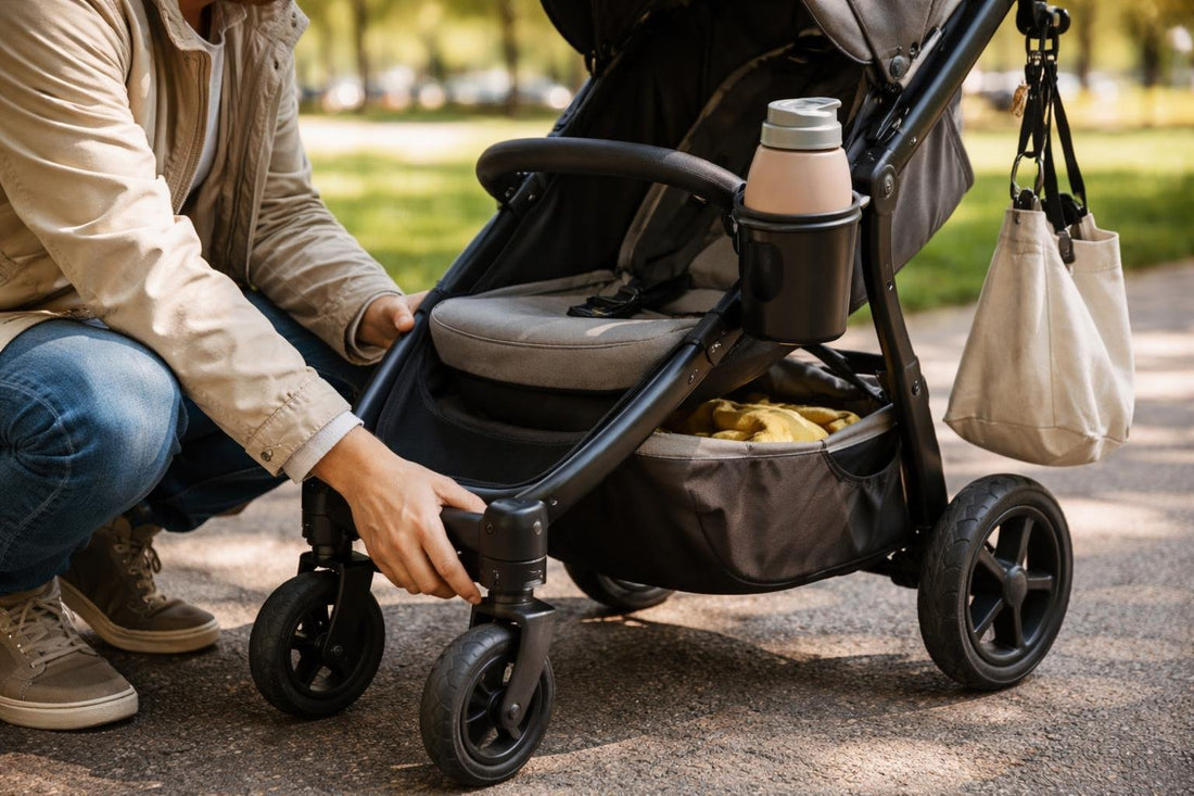 Parent checking stroller wheel and cup holder attachment