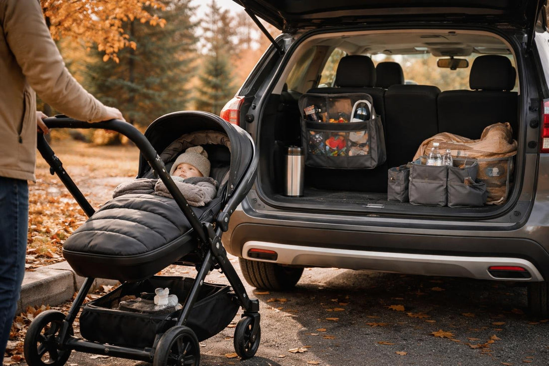 Parent pushing stroller with organized car accessories in Canada