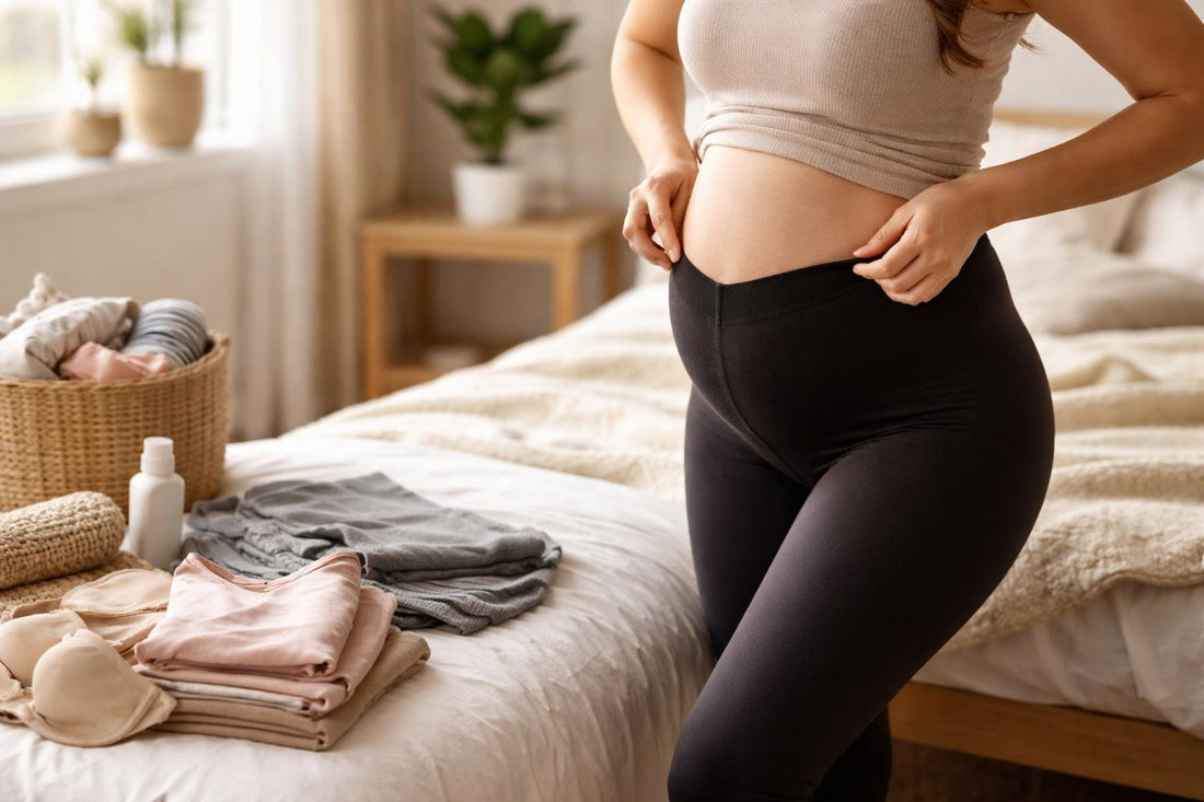 Pregnant woman adjusting maternity leggings fit