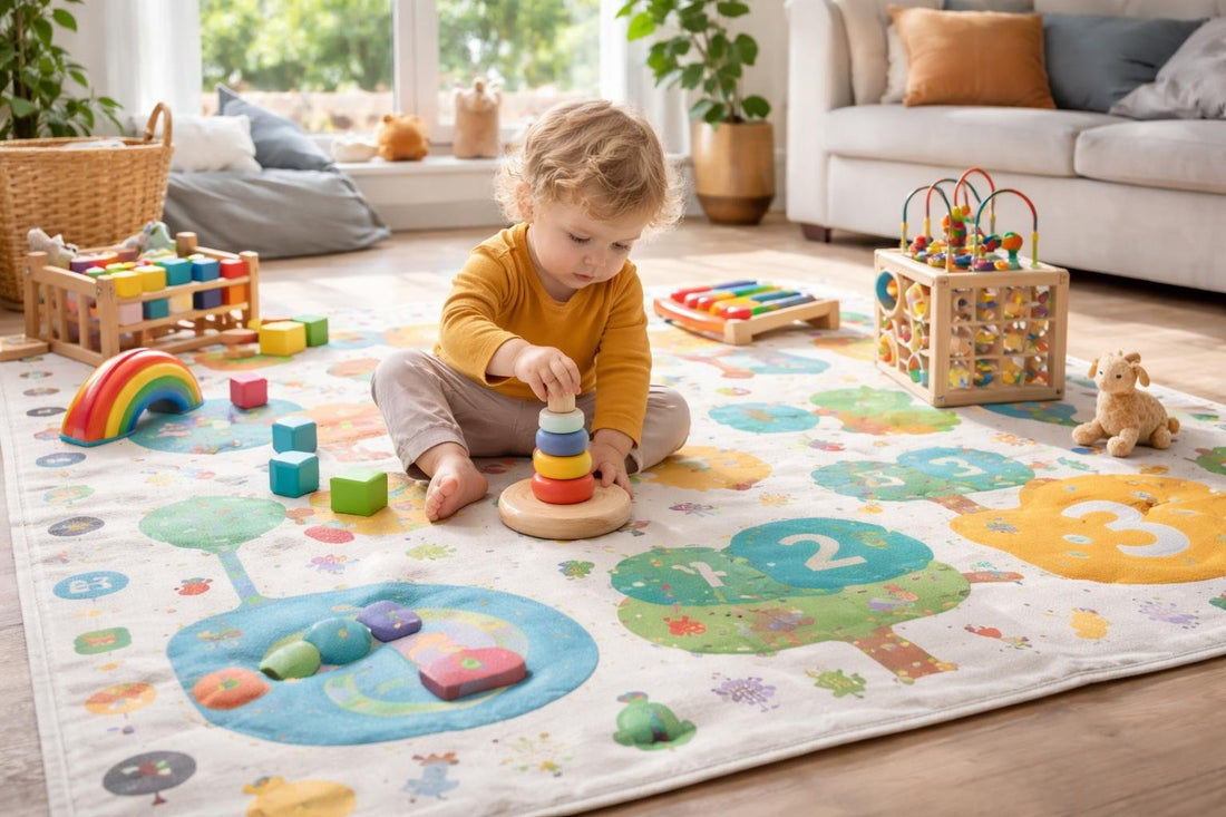 Toddler playing on washable learning play mat
