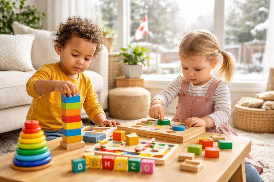 Toddlers playing with blocks and puzzles indoors in Canada