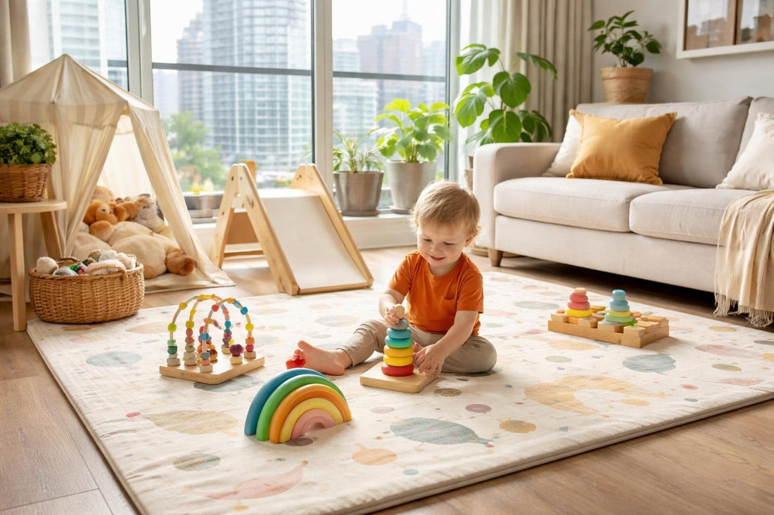 Toddler playing on compact play mat in Toronto condo