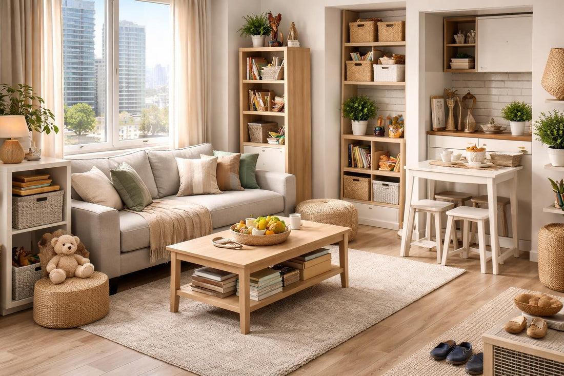 Compact family living room with storage solutions
