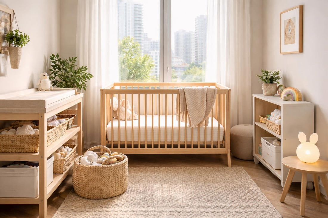 Small Toronto nursery with crib and storage baskets