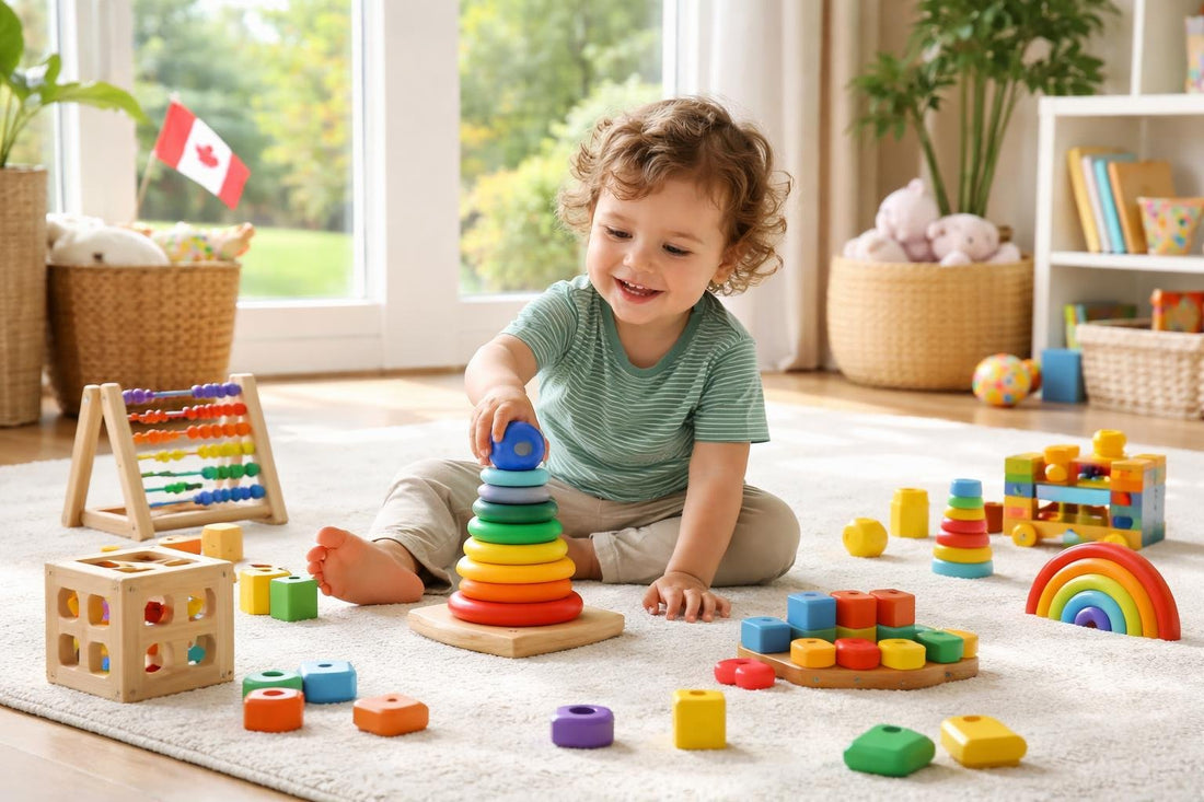 toddler playing with learning toys in Ontario home