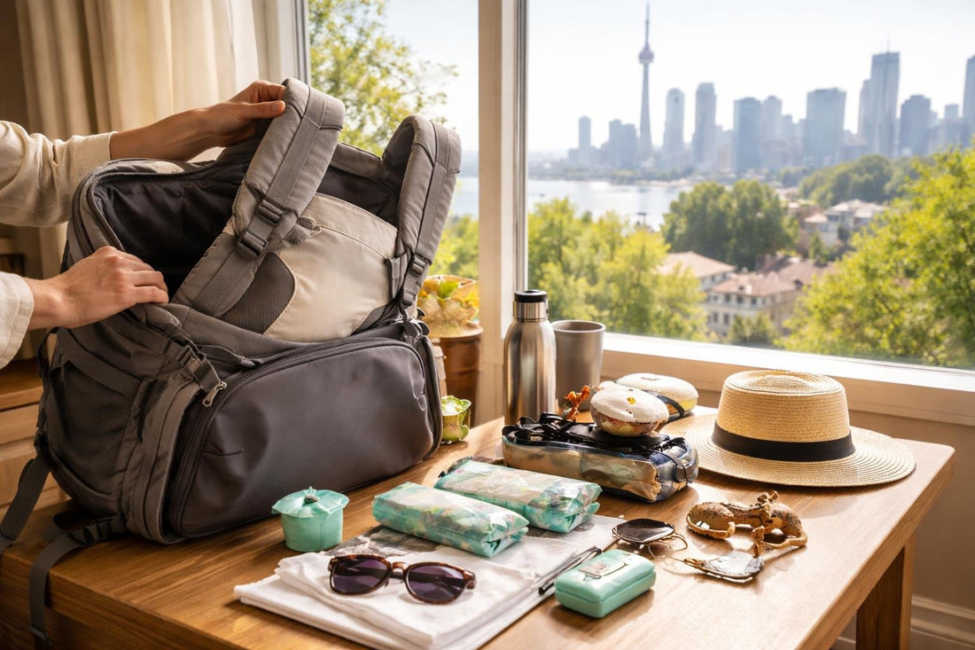 Traveller packing ergonomic baby carrier in Toronto