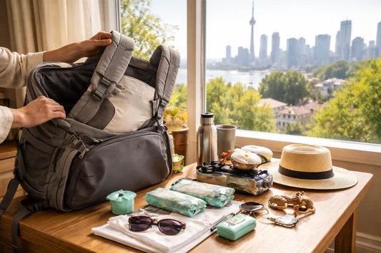 Traveller packing ergonomic baby carrier in Toronto