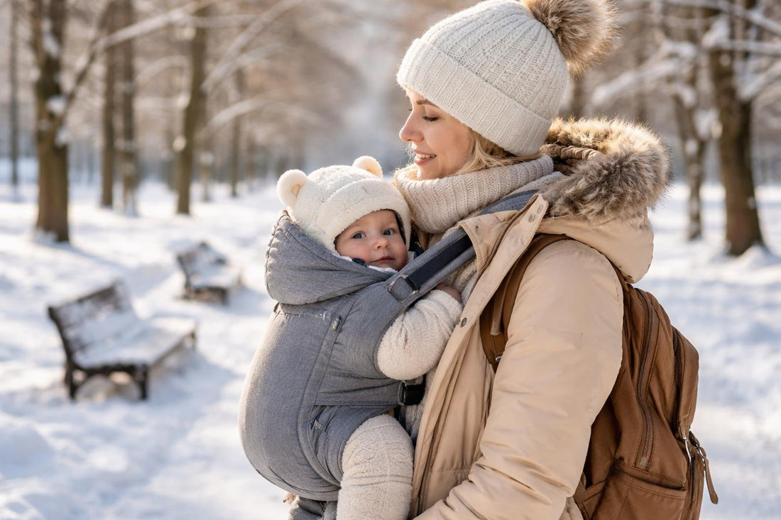 parent wearing baby carrier in snowy park