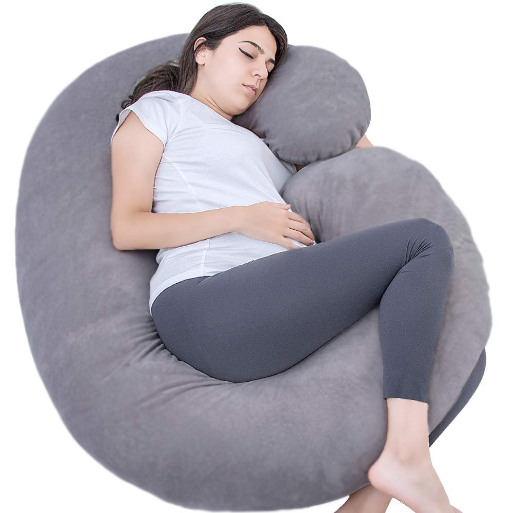 1 MIDDLE ONE pregnancy pillow with dark grey velvet cover shows full-body C-shape for comfort