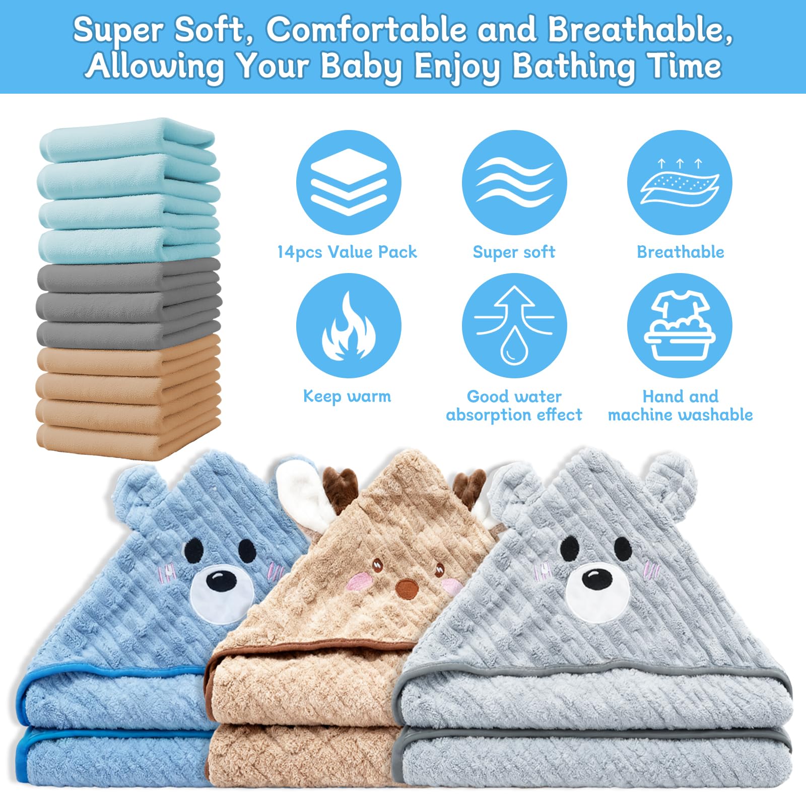 14pcs-baby-towels-set-characters-hoods playful hooded towels with cute bath buddies.